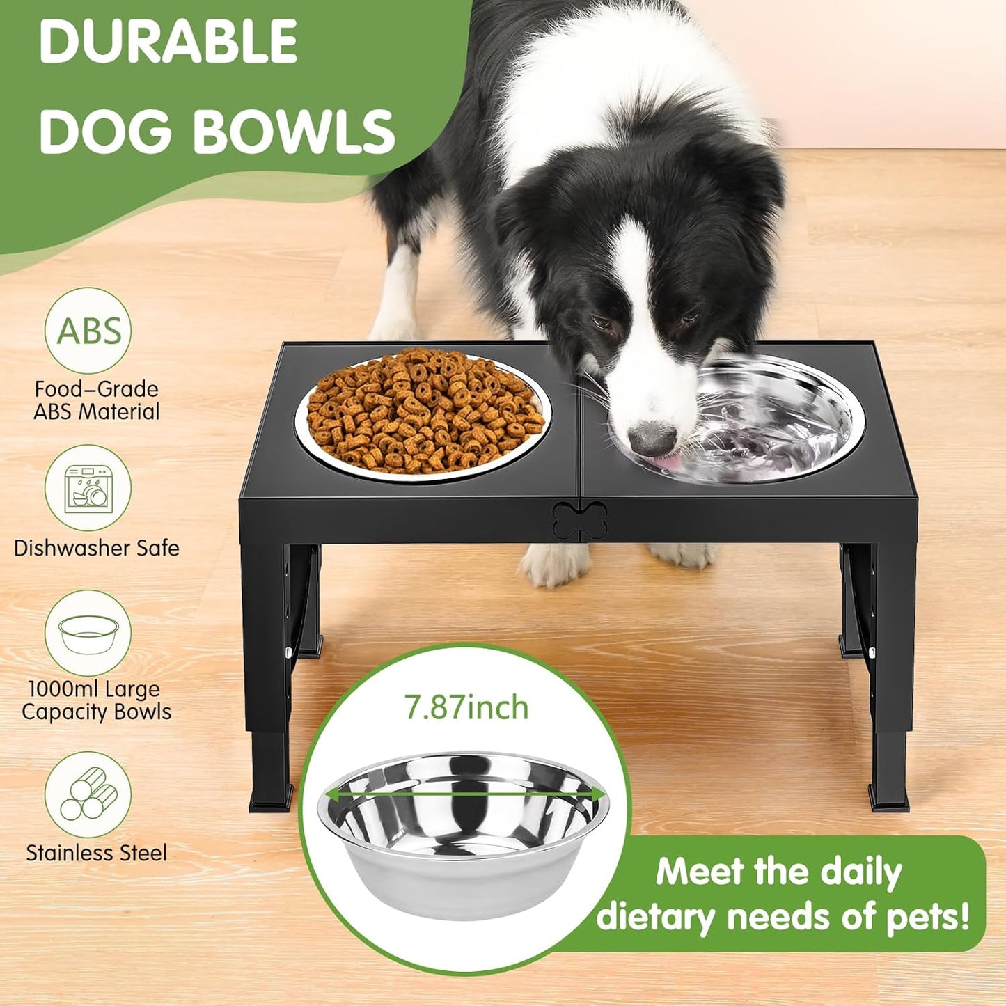 XIAZ Elevated Dog Bowls – Adjustable Raised Dog Bowl Stand for Large & Medium Dogs with Stainless Steel Food & Water Bowls (5 Height Settings, Black)