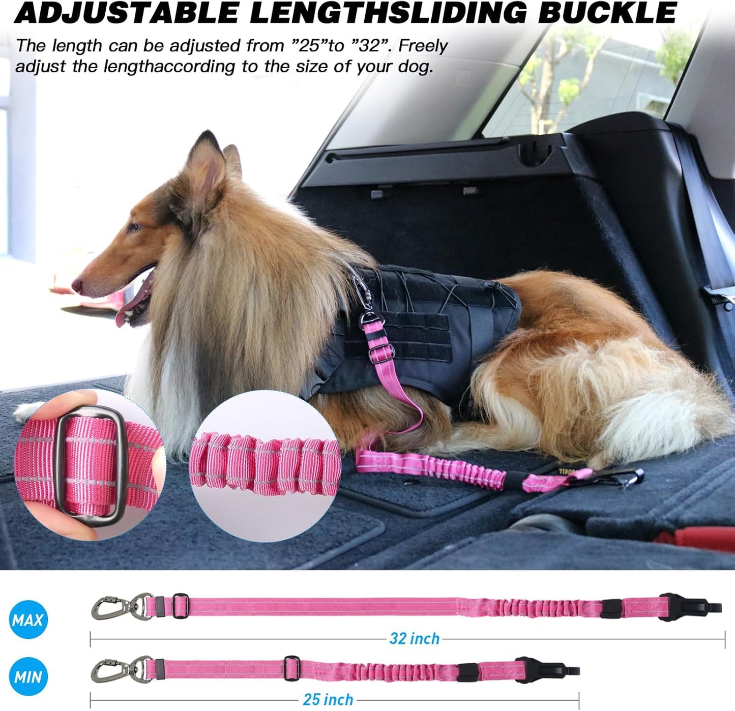 AUBELL Dog Seat Belt for Car – Updated 3-in-1 Adjustable Reflective Bungee Heavy Duty Dog Car Harness Tether with Clip Hook Latch &amp; Buckle, Swivel Zinc Alloy Carabiner (Hot Pink)