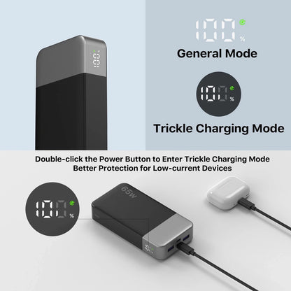Power Bank 20000mAh 65W Charging Portable External Battery Backup For Cell Phone